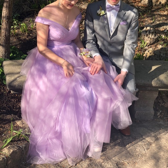 Lavender, off the shoulder dress with a lace-up back & tiered tulle. Worn once. - Picture 1 of 8